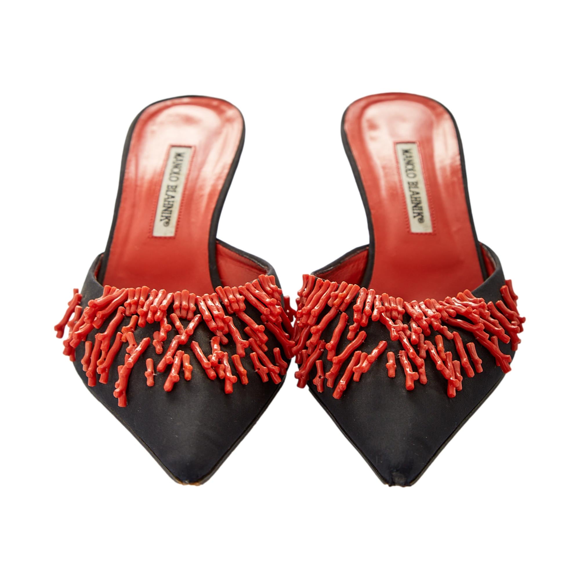 Manolo Blahnik Multi Coral Beaded Kitten Heel Mules