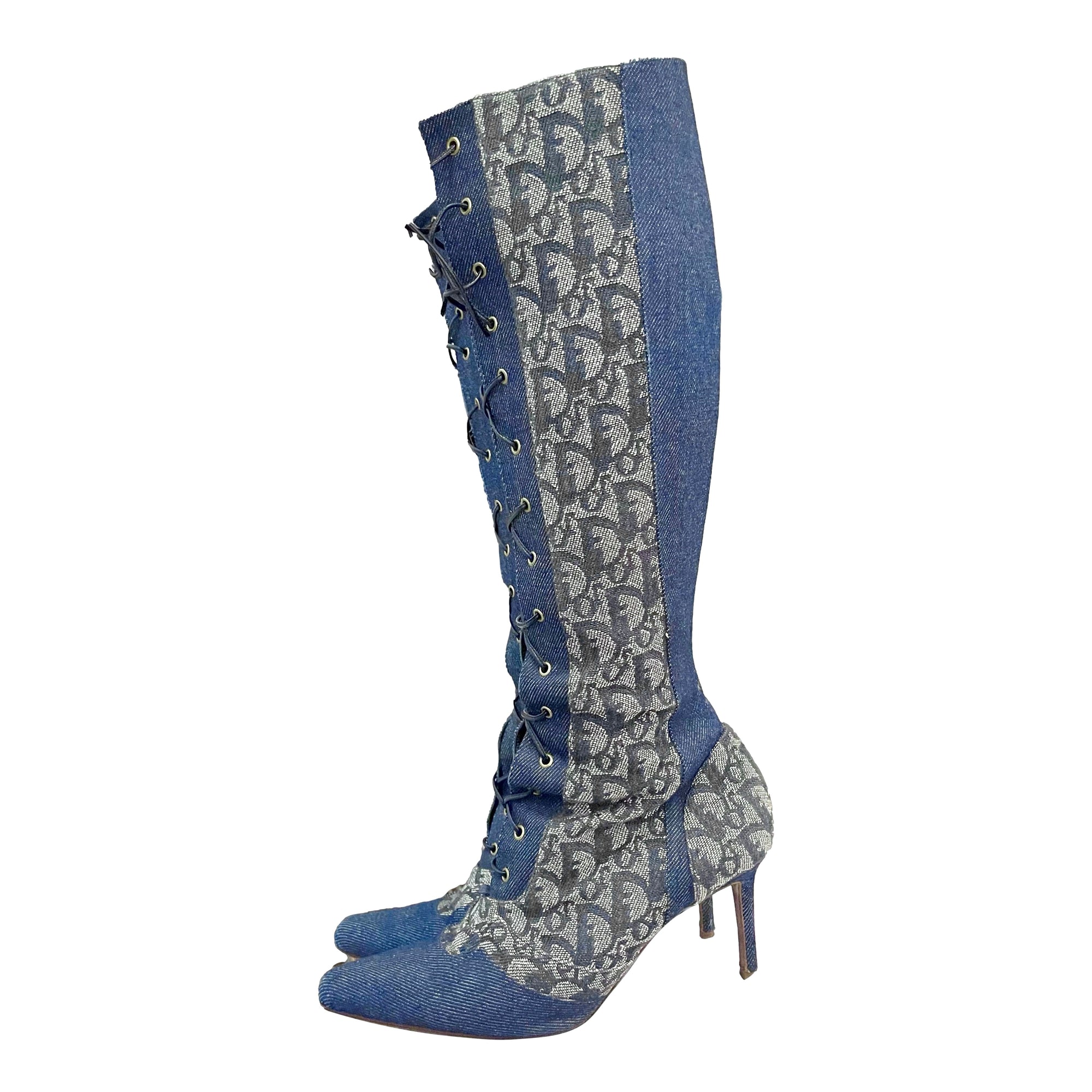 Dior Denim Logo Lace-Up Knee Boots