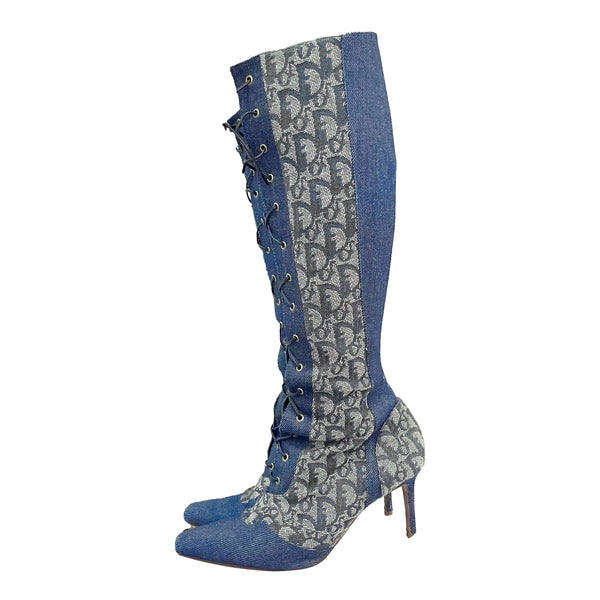 Dior Denim Logo Lace-Up Knee Boots