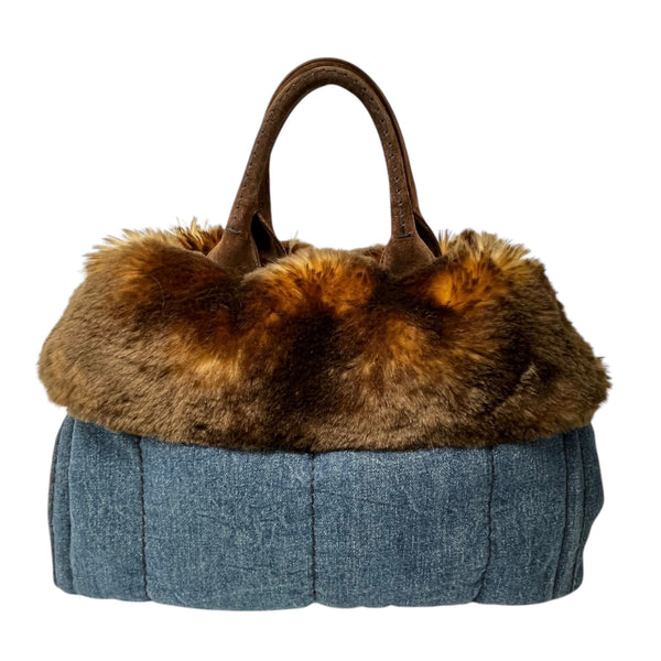 Prada Brunette Fur Denim Top Handle Bag