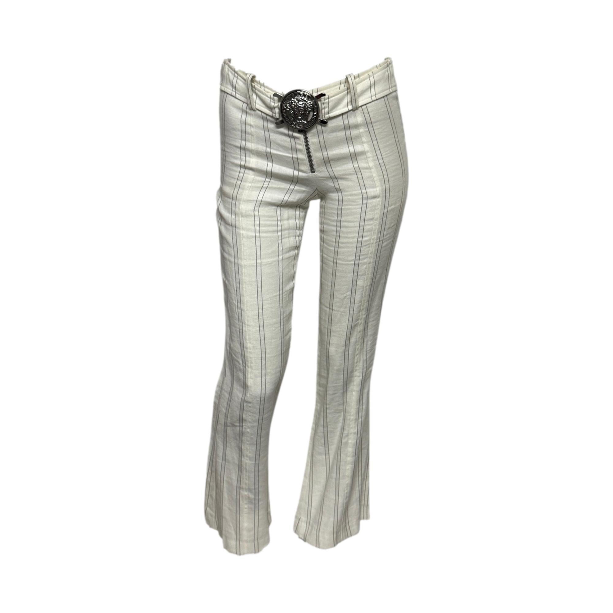 Versace Ivory Pinstripe Linen Belted Pants