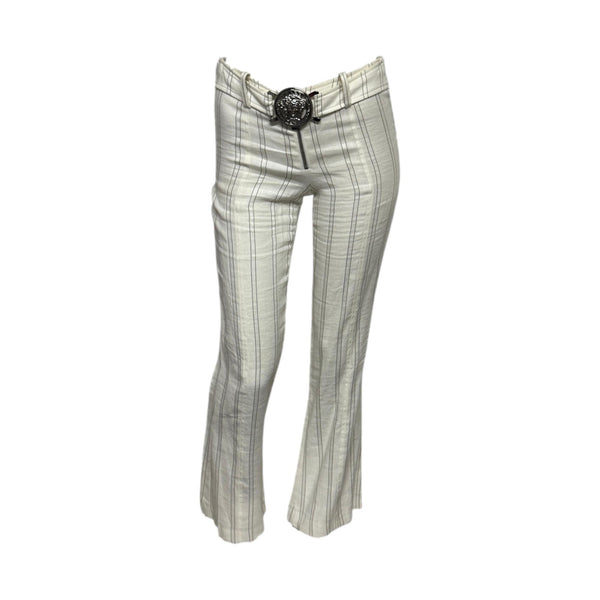 Versace Ivory Pinstripe Linen Belted Pants