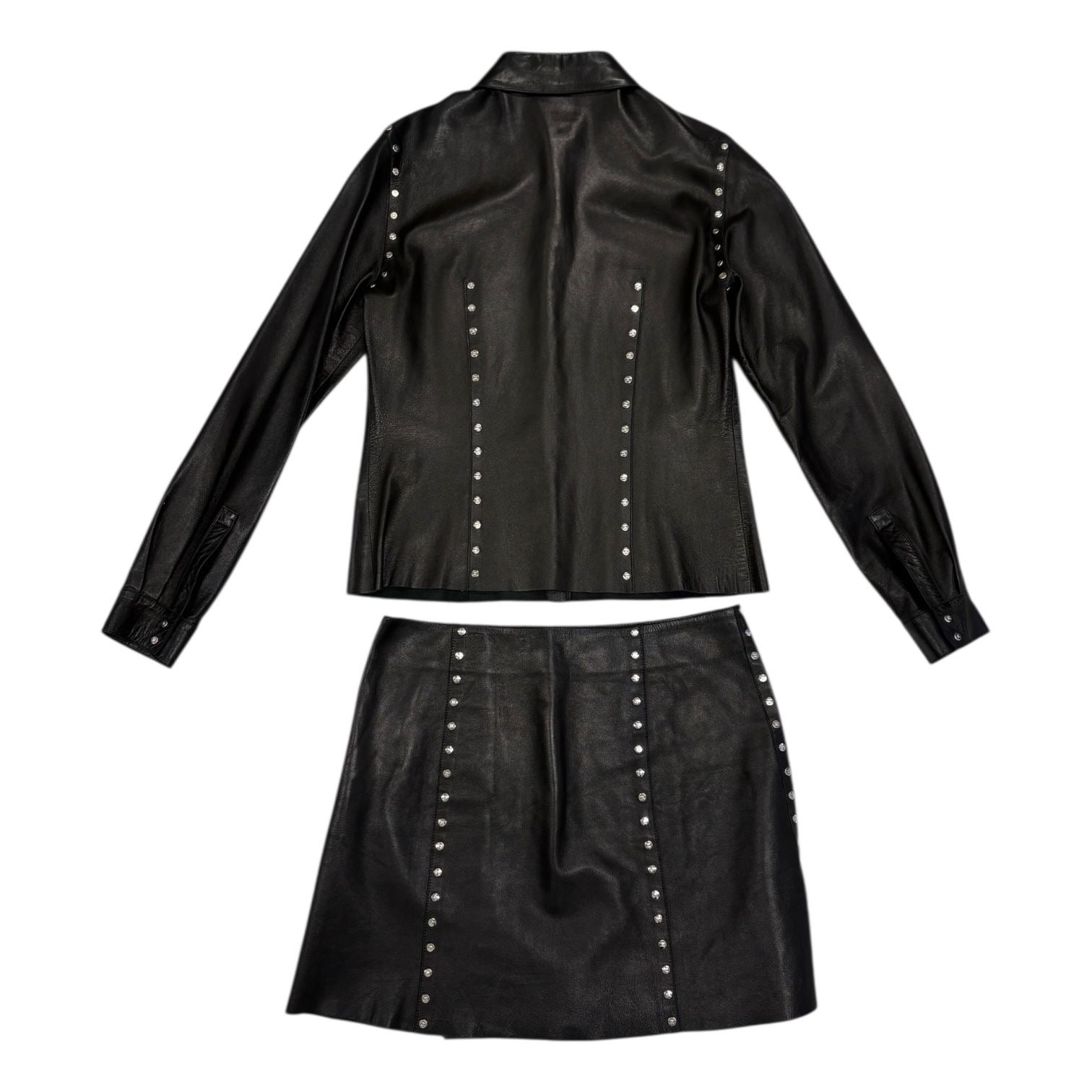 Celine Black Leather Logo Studded Skirt Set