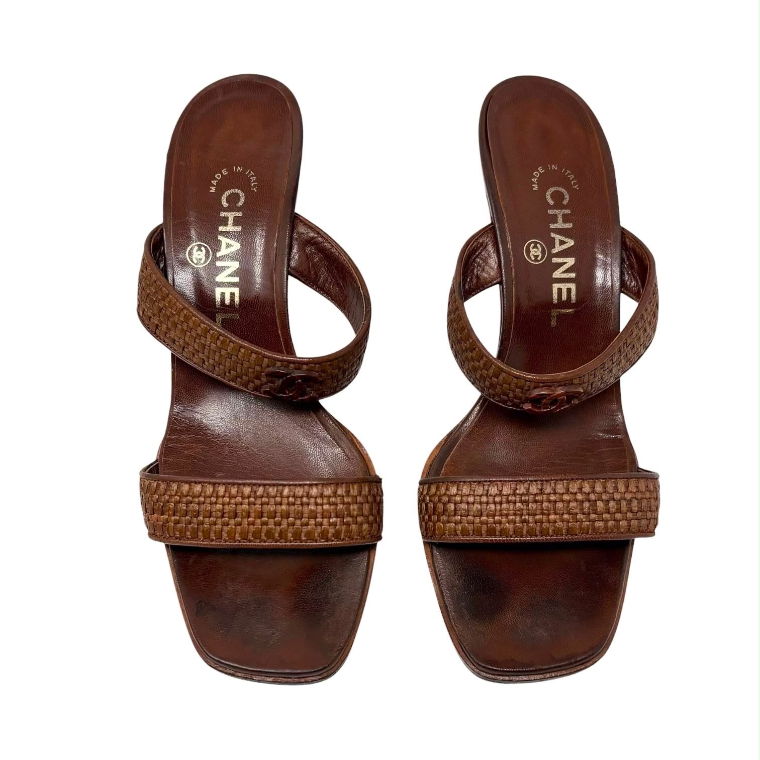 Chanel Brown Raffia Logo Heels
