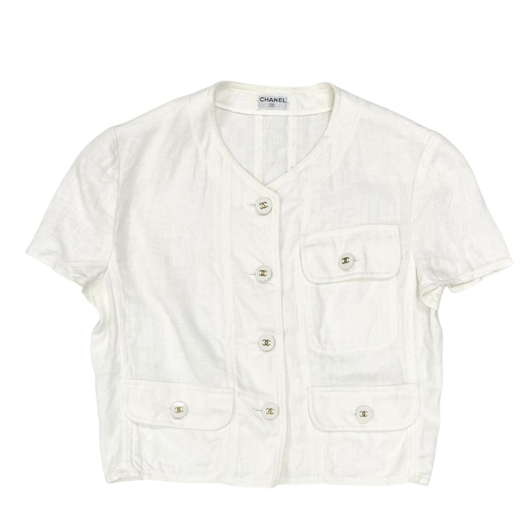 Chanel Ivory Linen Logo Button Top
