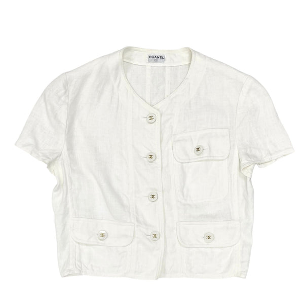 Chanel Ivory Linen Logo Button Top