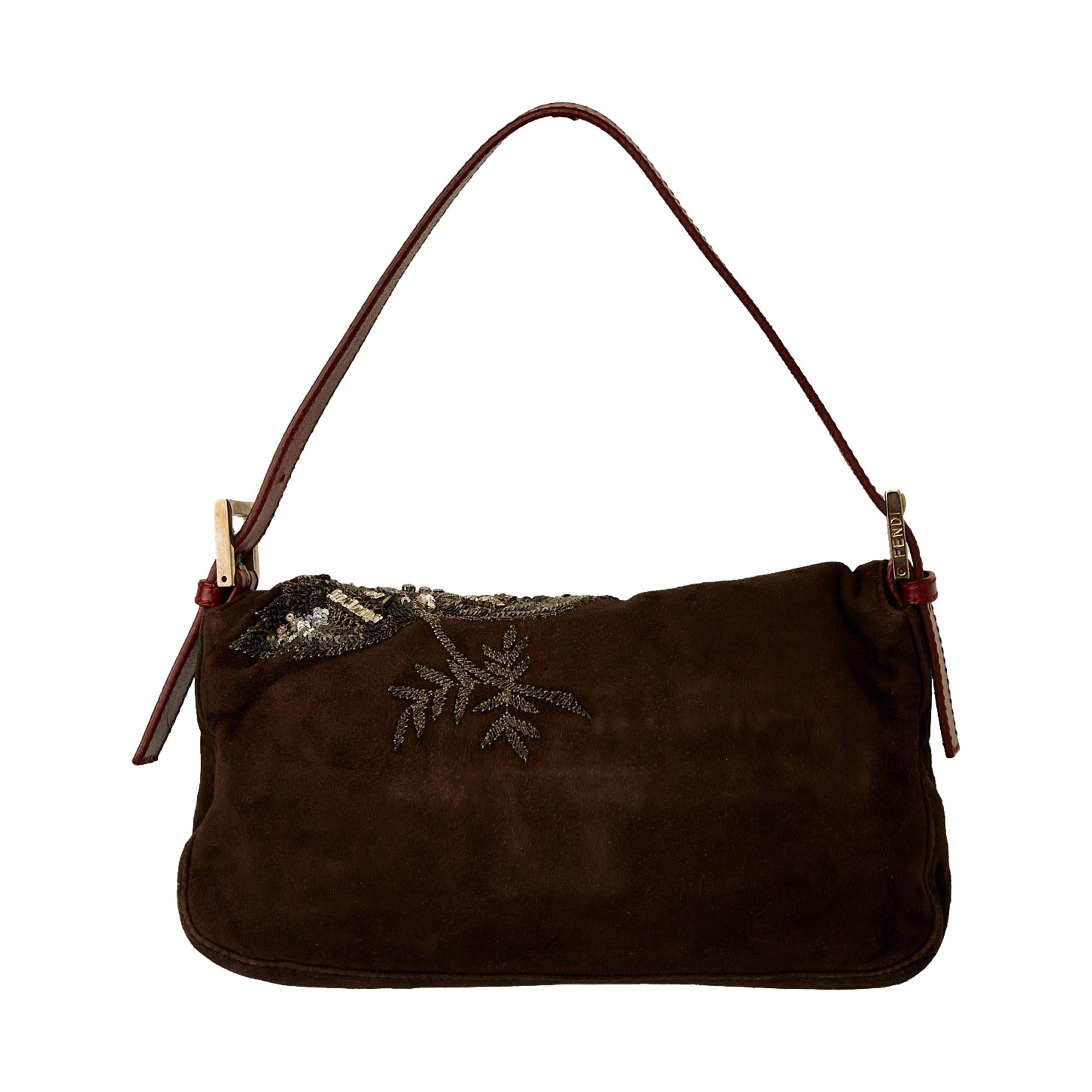 Fendi Brown Suede Embellished Baguette Bag