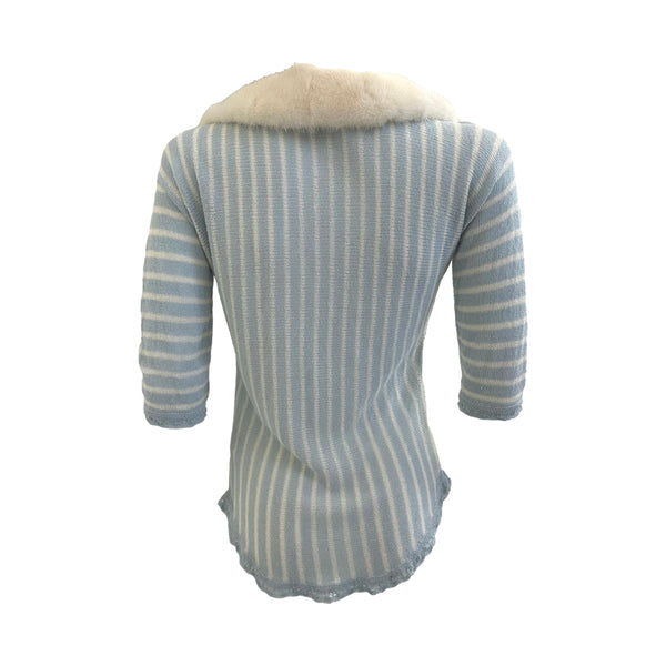 Blumarine Powder Blue Stripe Knit Fur Cardigan