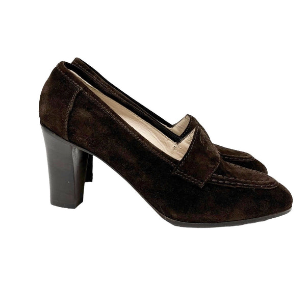 Chanel Brown Suede Logo Loafer Heels