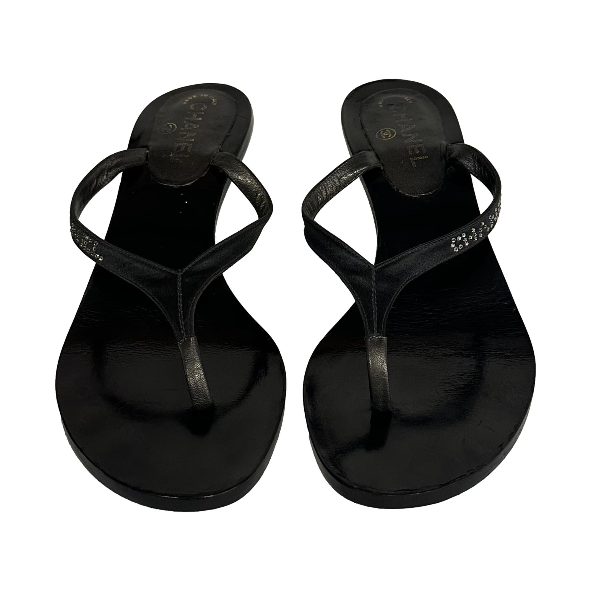 Chanel Black Rhinestone Logo Sandals