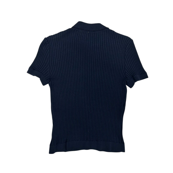 Chanel Navy Ribbed Logo Short Sleeve Button Down
