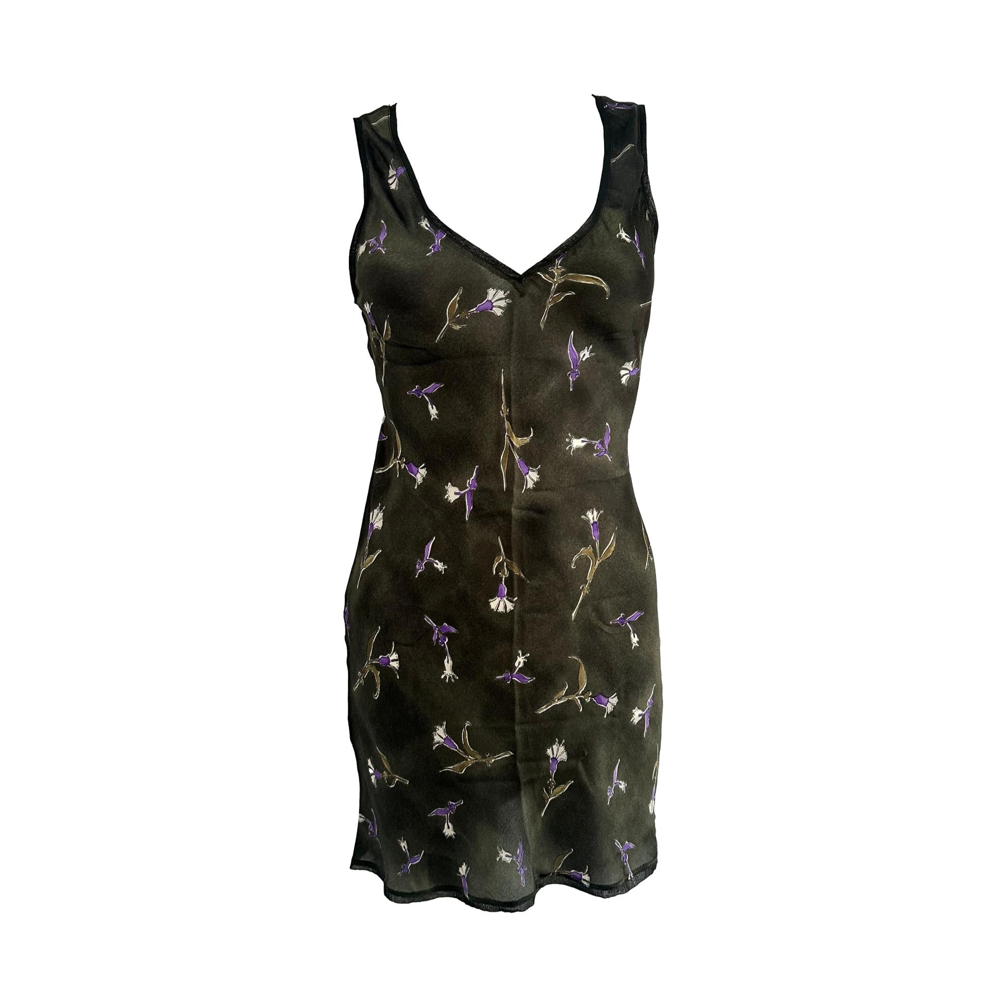 Prada Green Silk Lily Print Mini Dress
