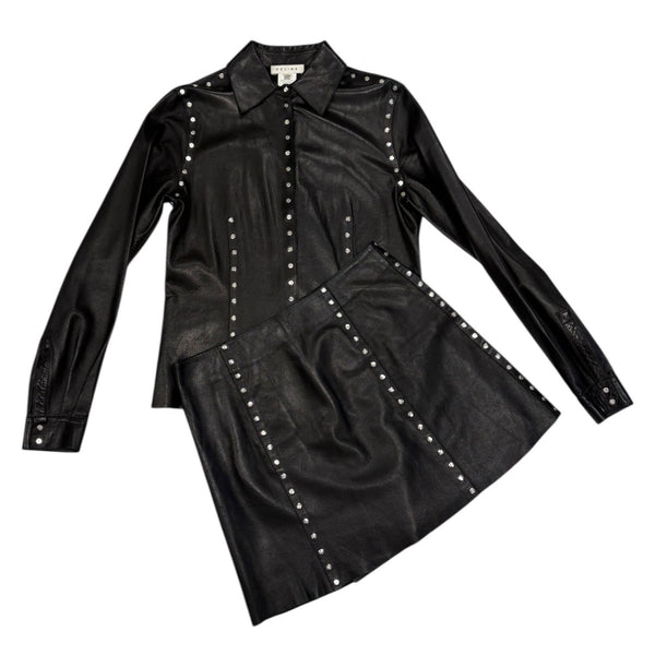 Celine Black Leather Logo Studded Skirt Set