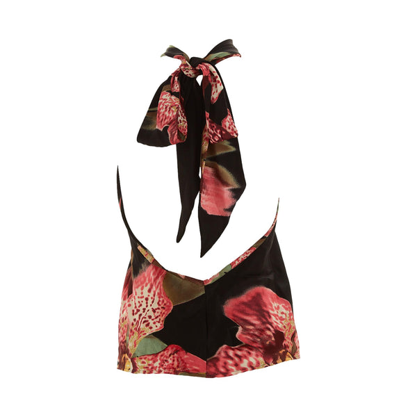 Roberto Cavalli Black + Pink Satin Floral Halter Top