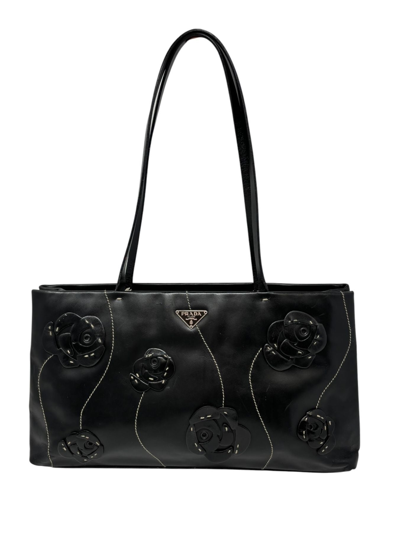 Prada Black Leather Floral Shoulder Bag