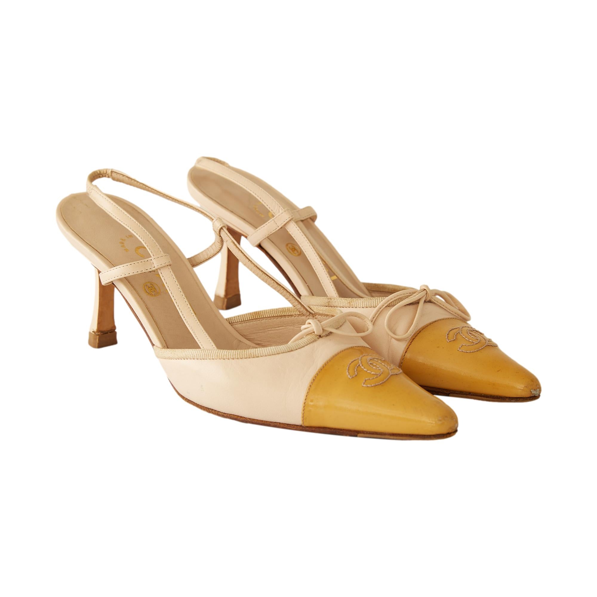 Chanel Yellow Logo Slingback Heels