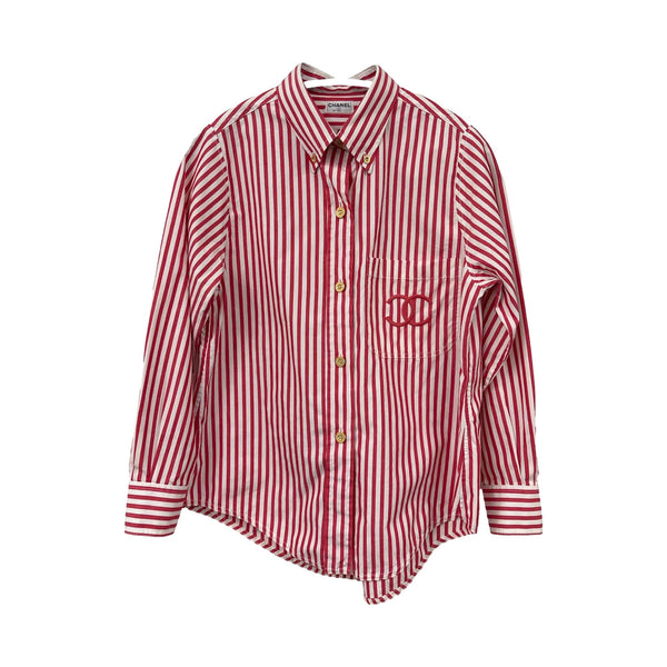 Chanel Red + White Striped Button Down Top