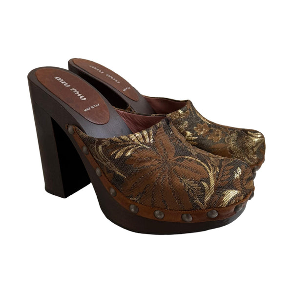 Miu Miu Brown Brocade Wooden Clogs