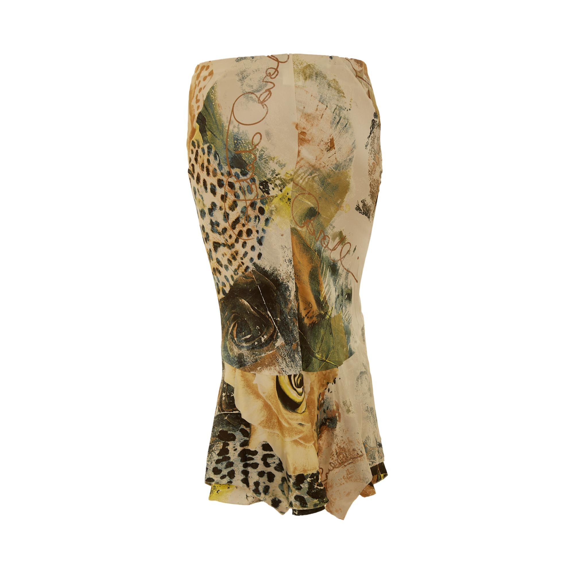 Roberto Cavalli Abstract Floral + Leopard Silk Skirt
