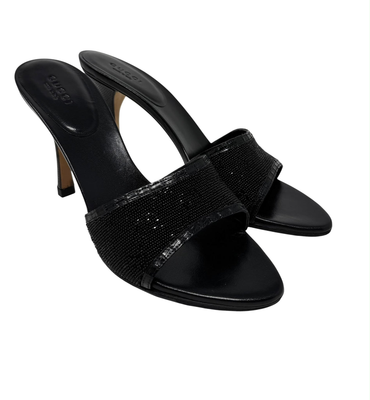 Gucci Black Beaded Logo Heels