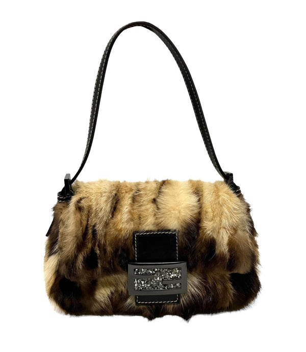 Fendi Brown Fur Mini Baguette Bag