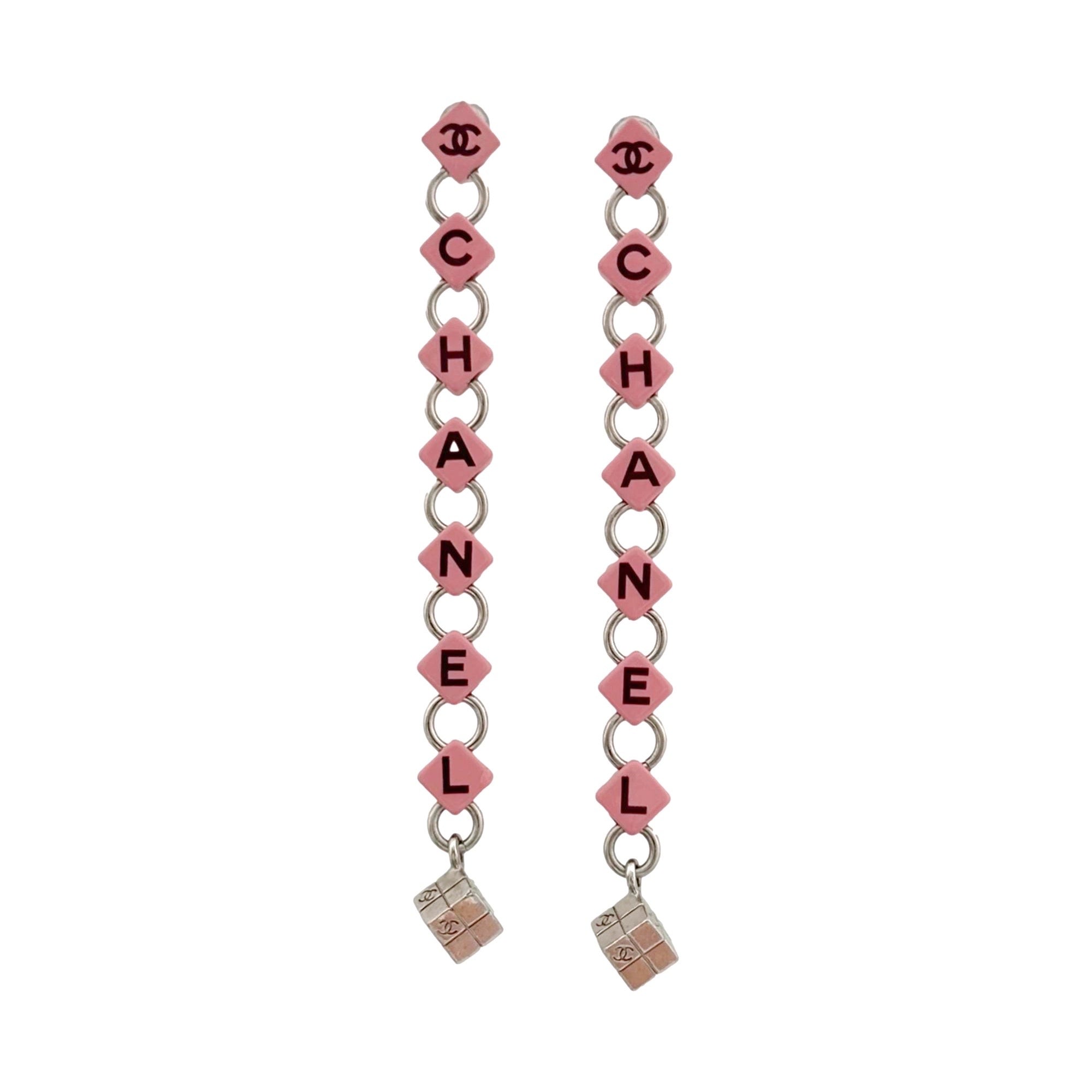 Chanel Pink Logo Dice Dangle Earrings
