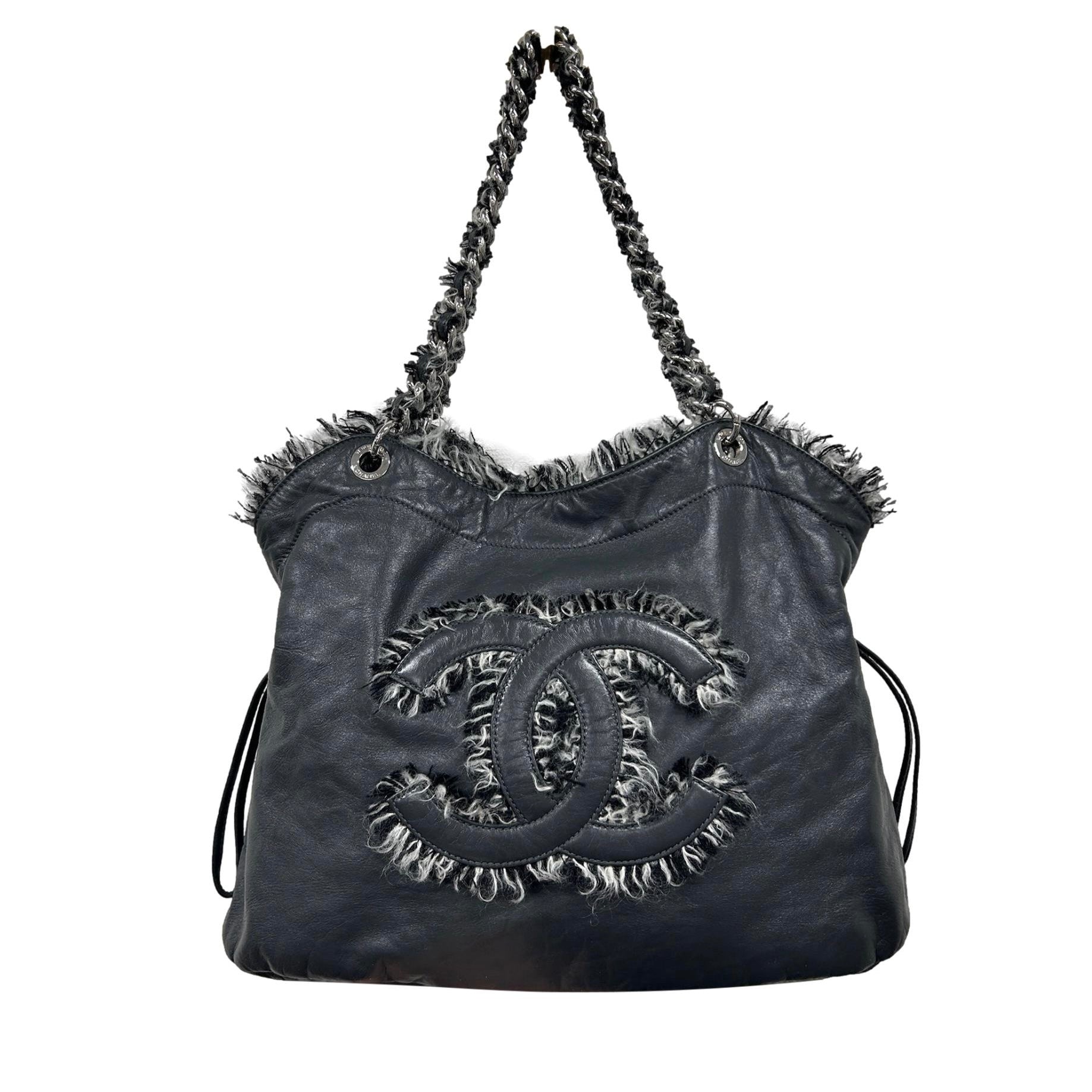 Chanel Black Leather Tweed Shoulder Bag