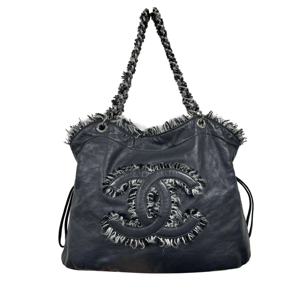Chanel Black Leather Tweed Shoulder Bag