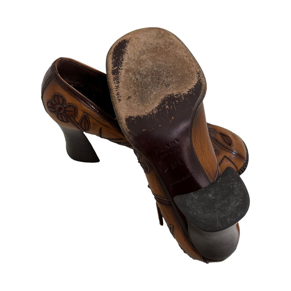 Prada Brown Floral Mary Jane Heels