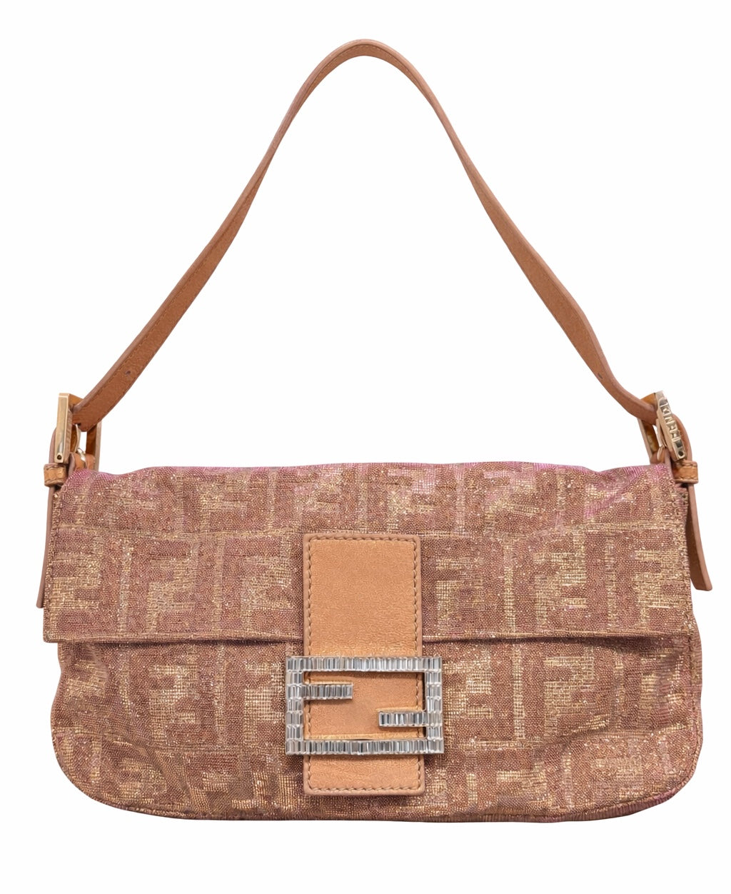Fendi Peach Iridescent Rhinestone Logo Baguette