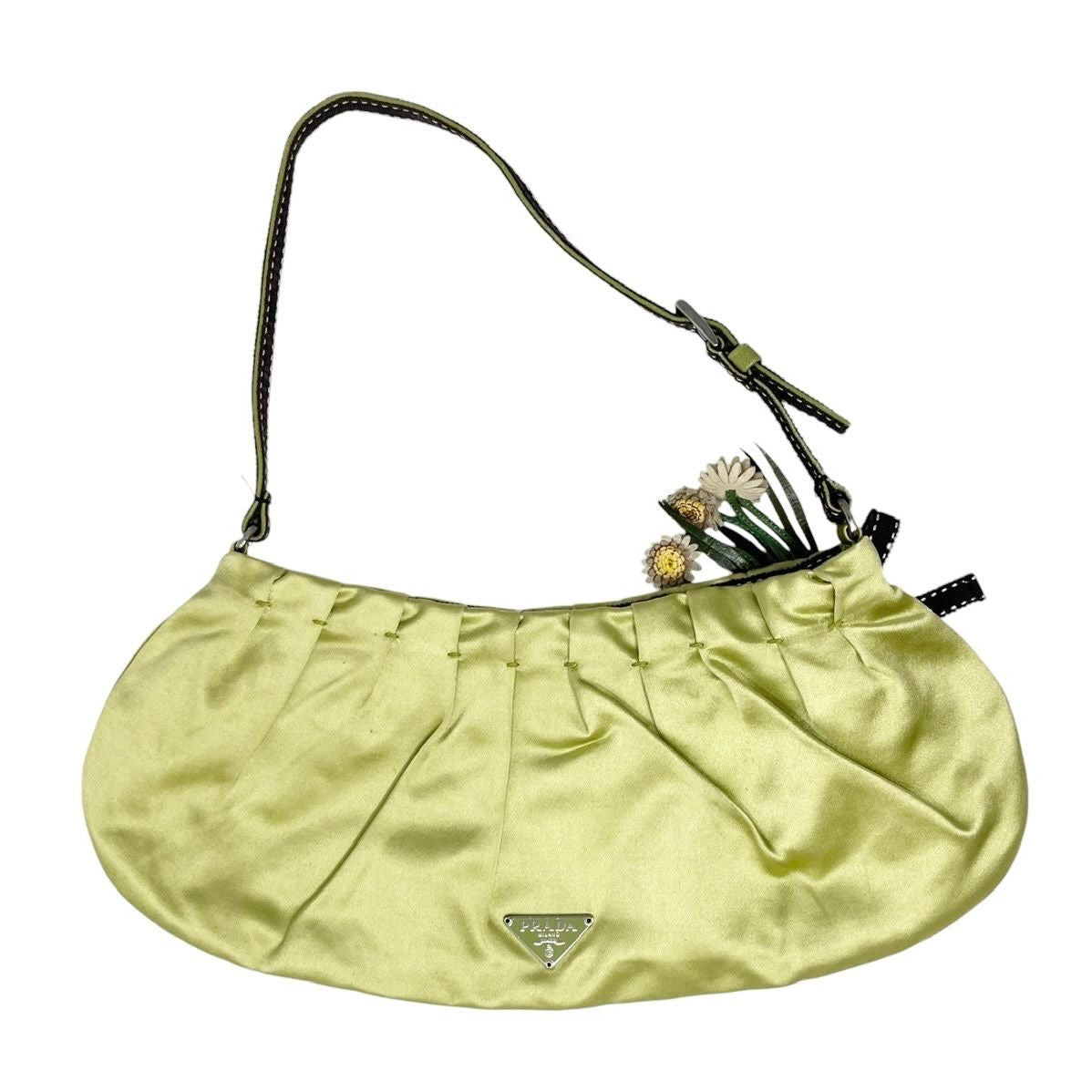 Prada Lime Green Satin Floral Shoulder Bag