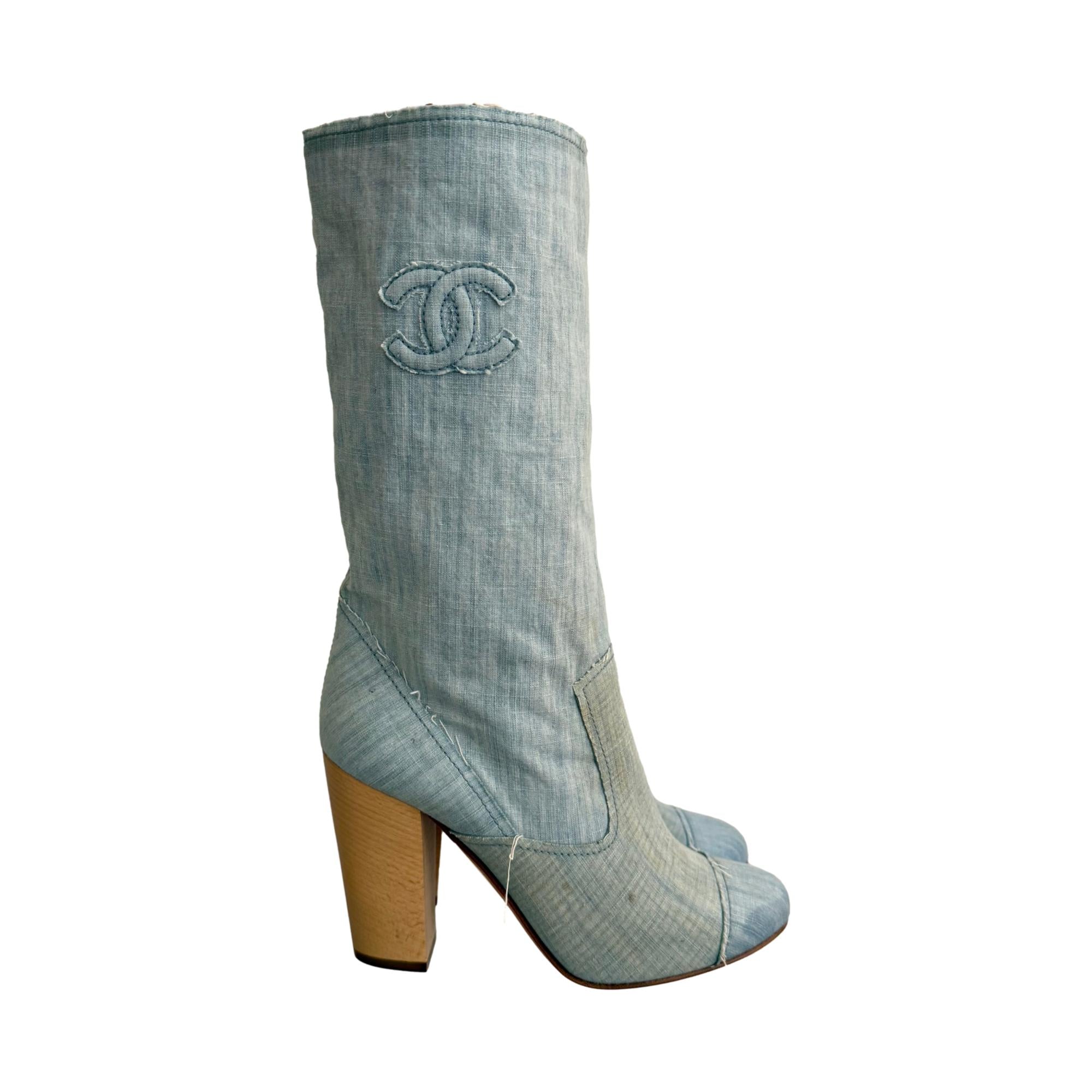 Chanel Denim Logo Distressed Boots