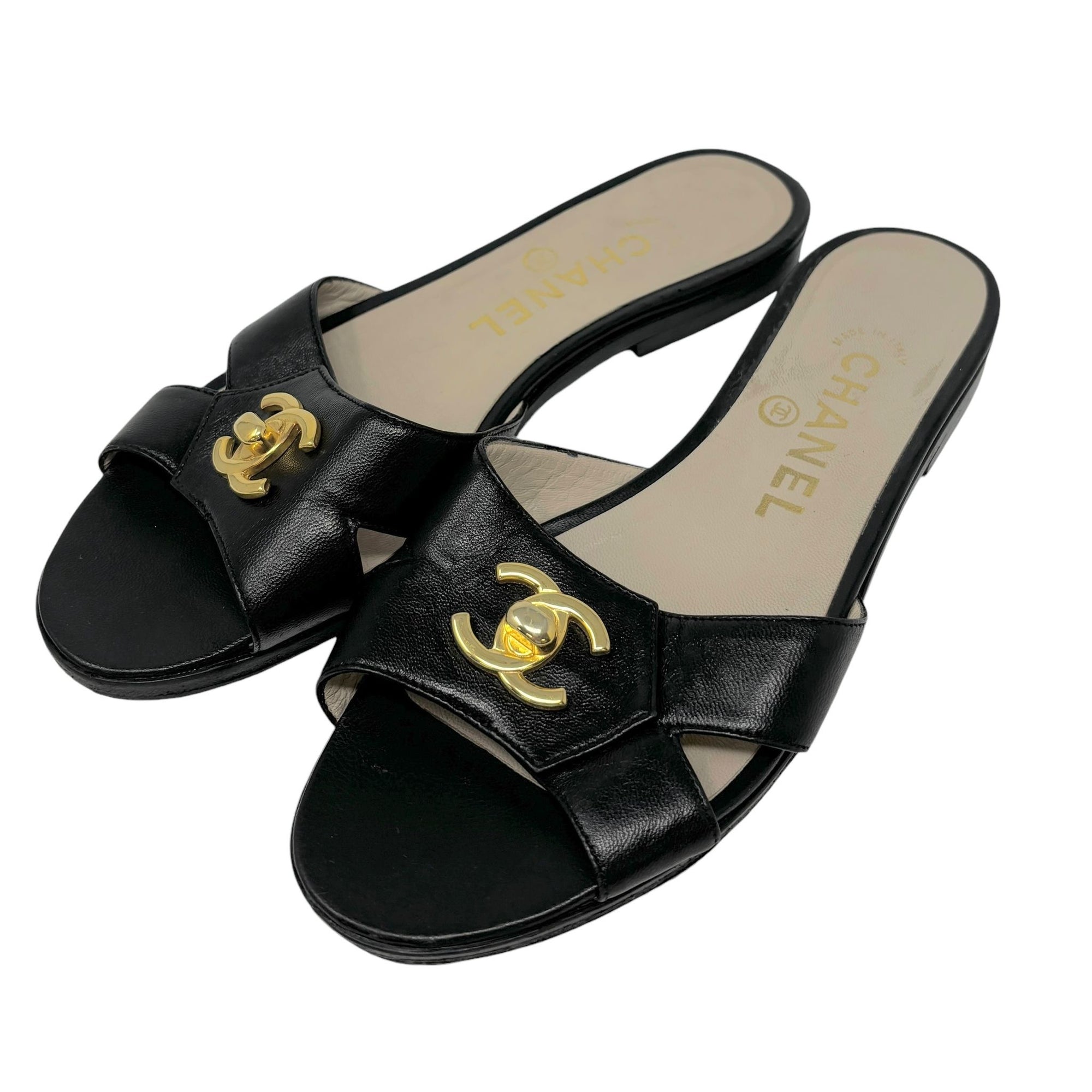 Chanel Black Leather Turnlock Logo Sandals