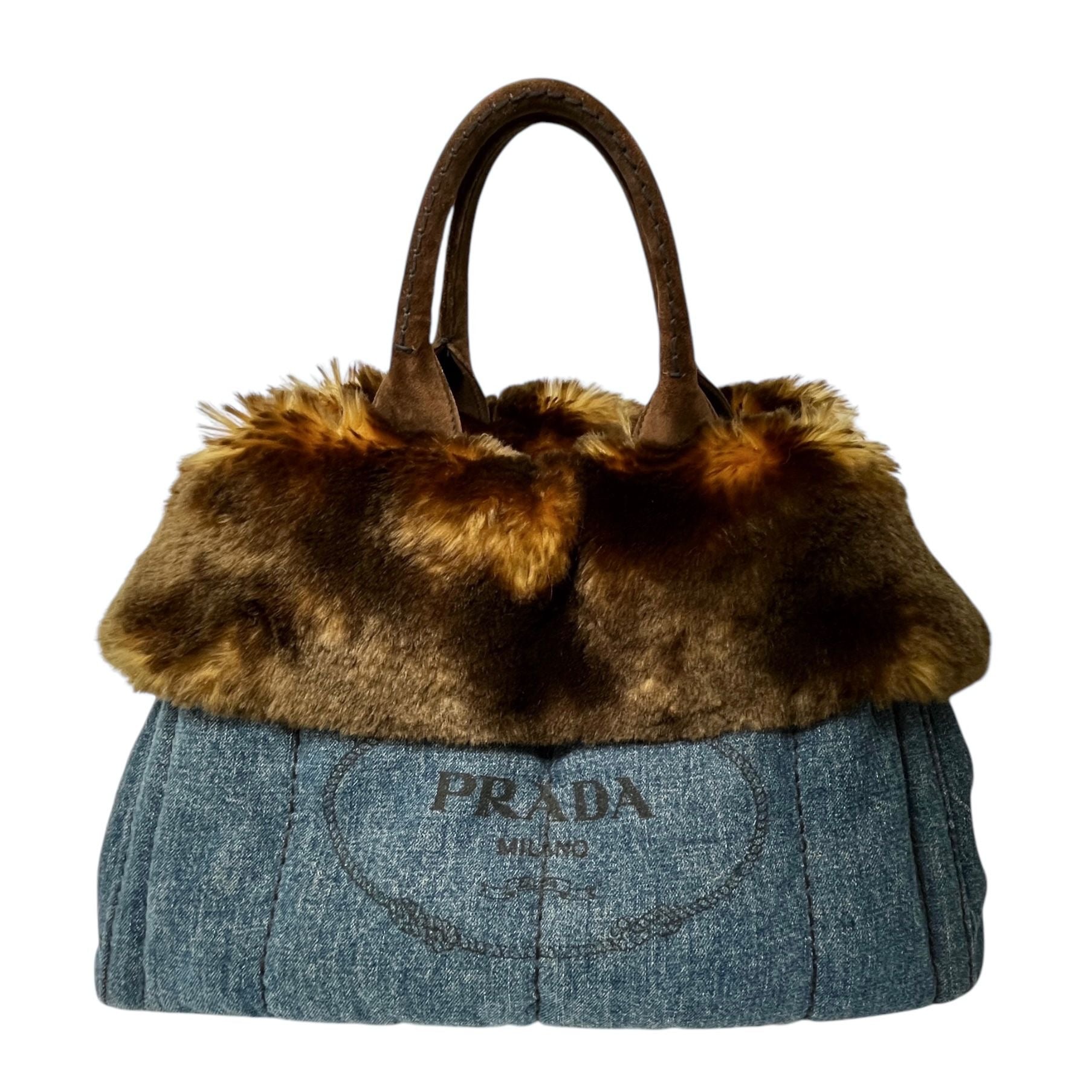 Prada Brunette Fur Denim Top Handle Bag