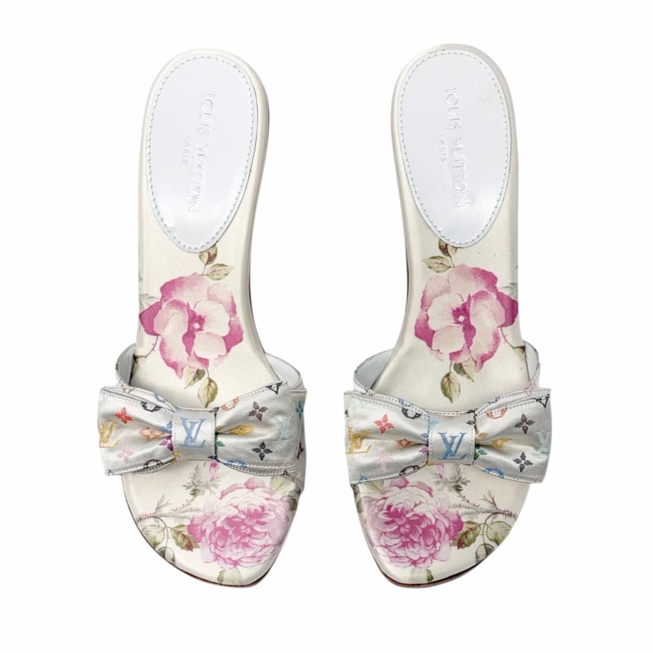 Louis Vuitton White Multicolor Satin Heels