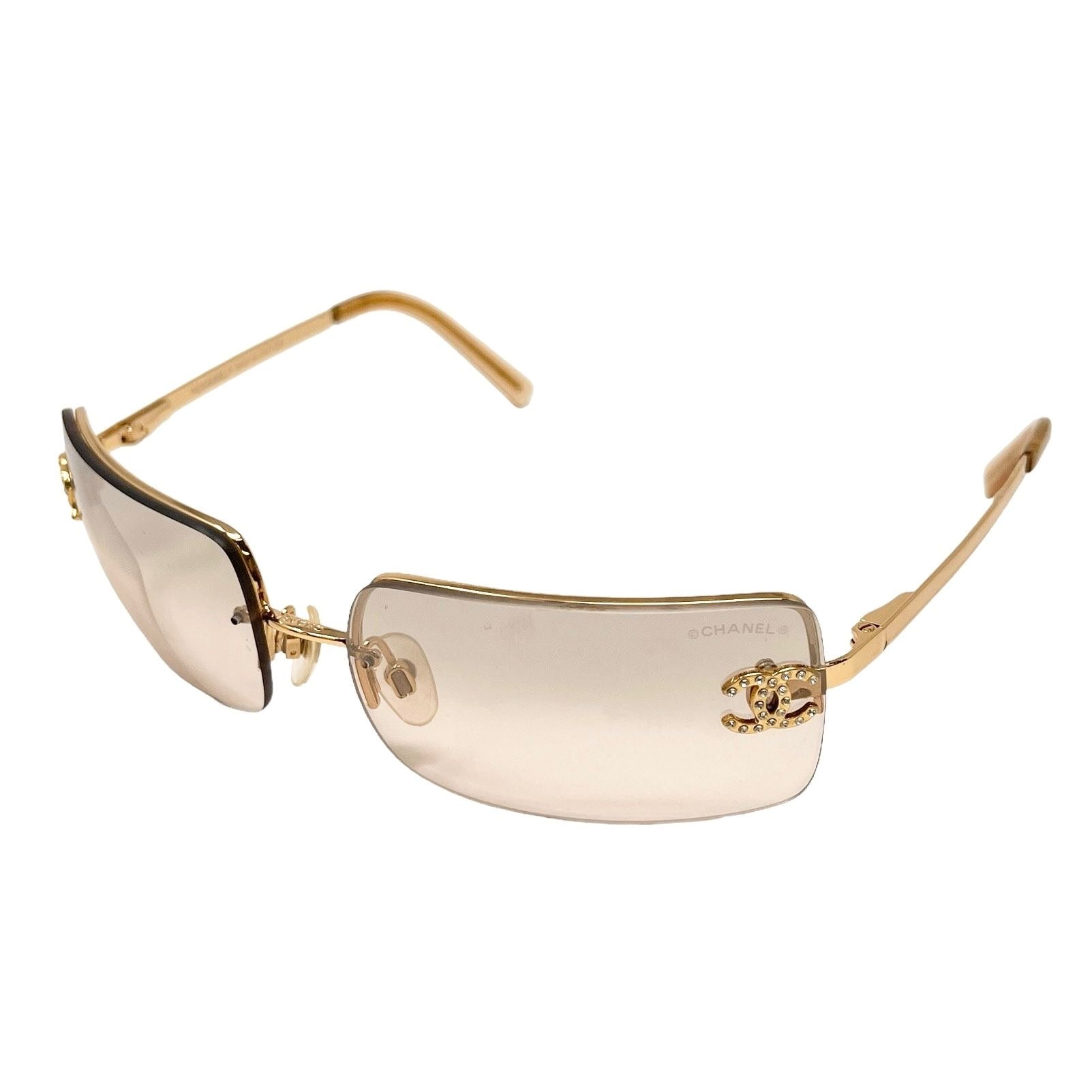 Chanel Light Brown Gold Rim Rhinestone Sunglasses