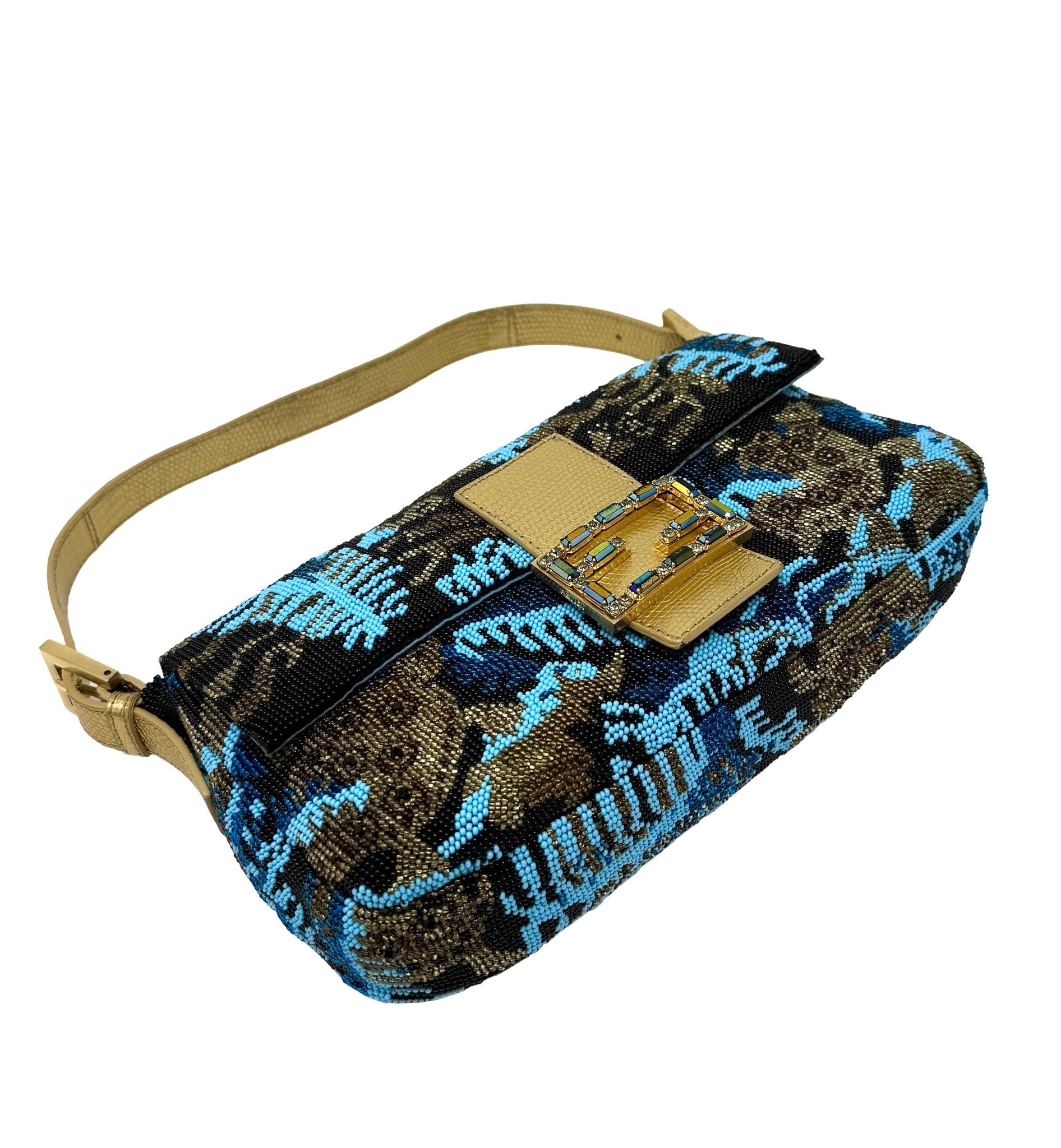 Fendi Blue Multicolor Turtle Beaded Baguette Bag