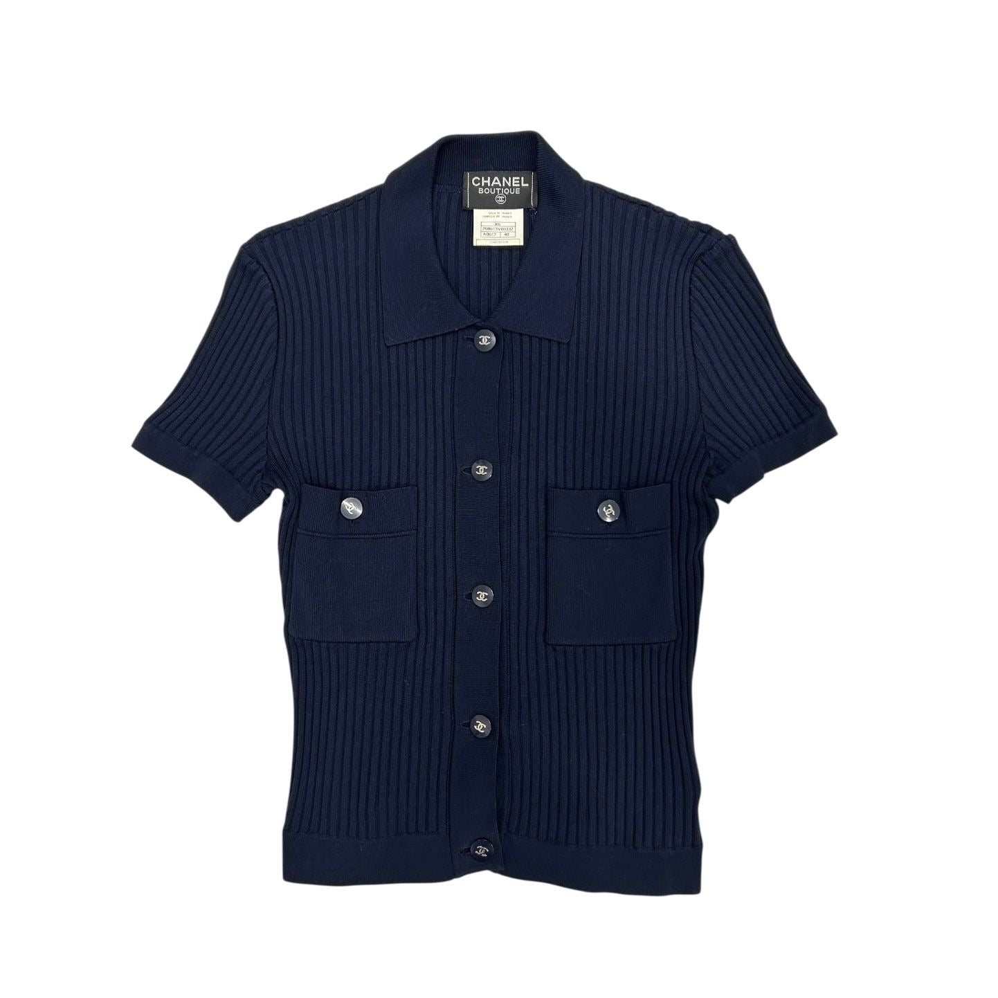 Chanel Navy Ribbed Logo Short Sleeve Button Down