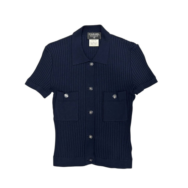 Chanel Navy Ribbed Logo Short Sleeve Button Down