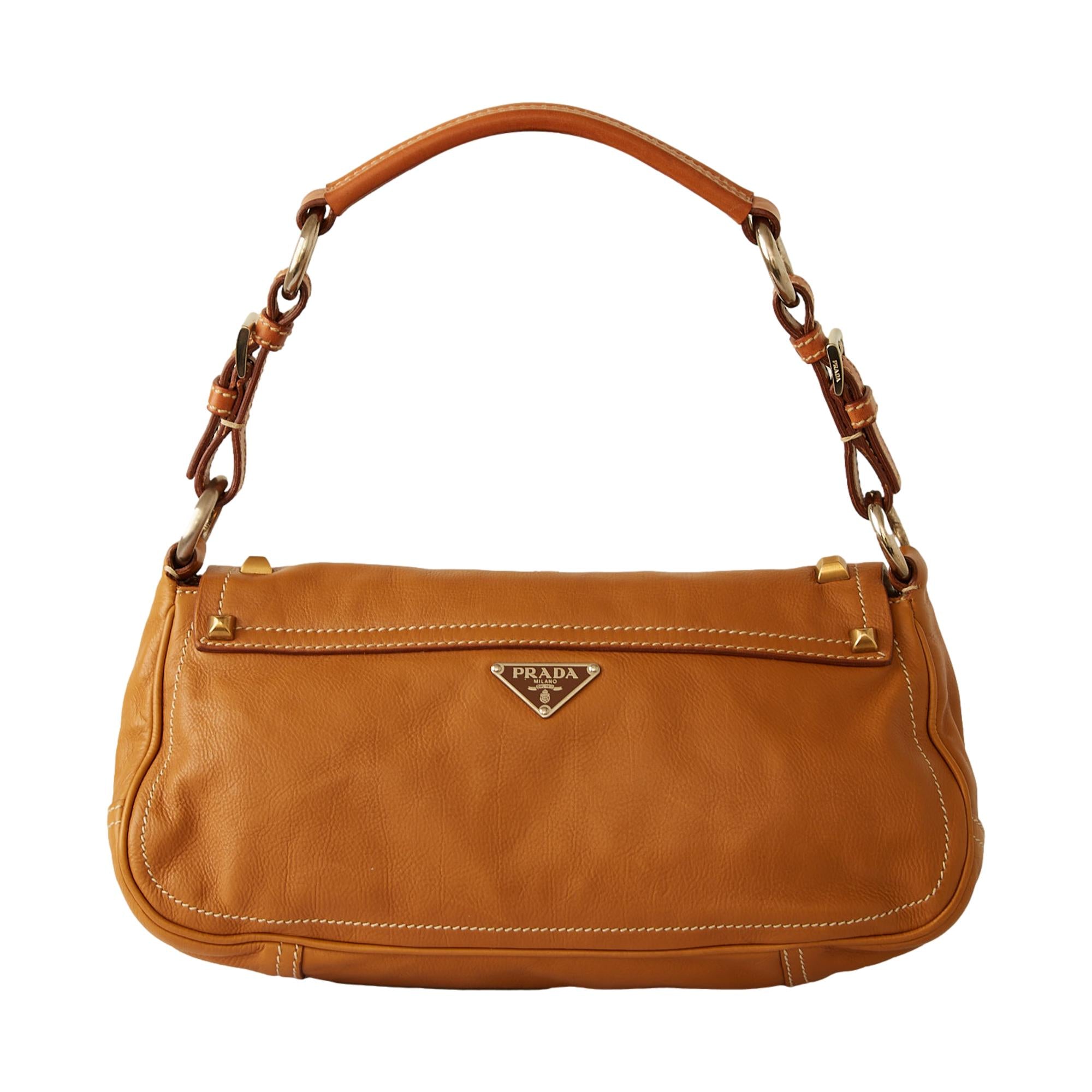 Prada Tan Leather Studded Shoulder Bag