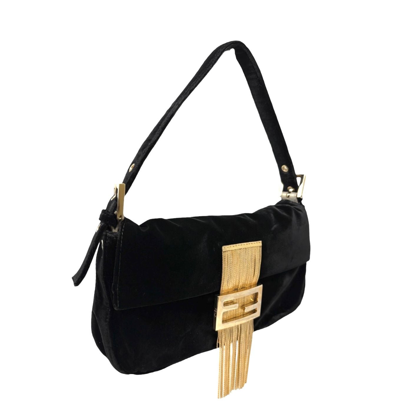 Fendi Black Velvet Fringe Baguette