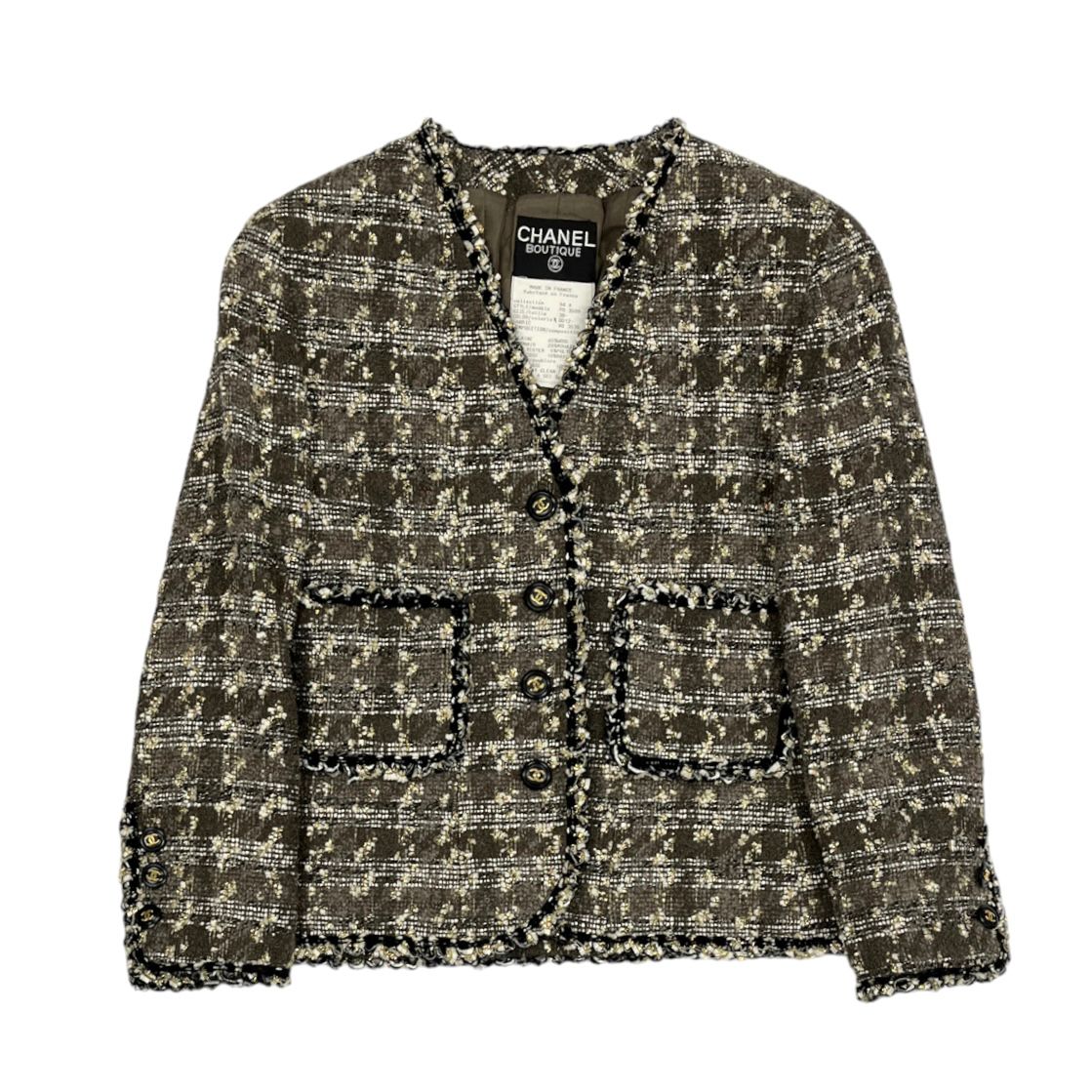 Chanel Grey Tweed Logo Button Jacket