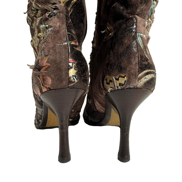 Roberto Cavalli Brown Distressed Floral Boots