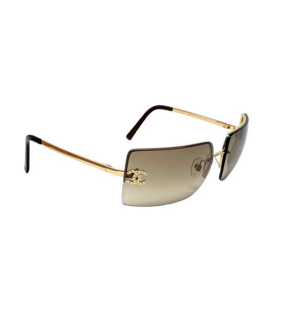 Chanel Brown Rhinestone Logo Rimless Sunglasses