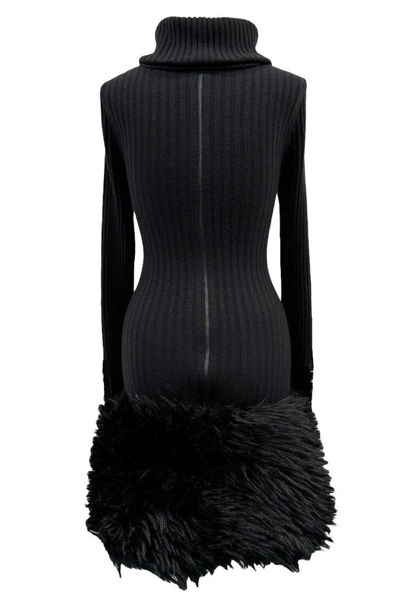 Chanel Black Ribbed 1994 Fur Logo Dress