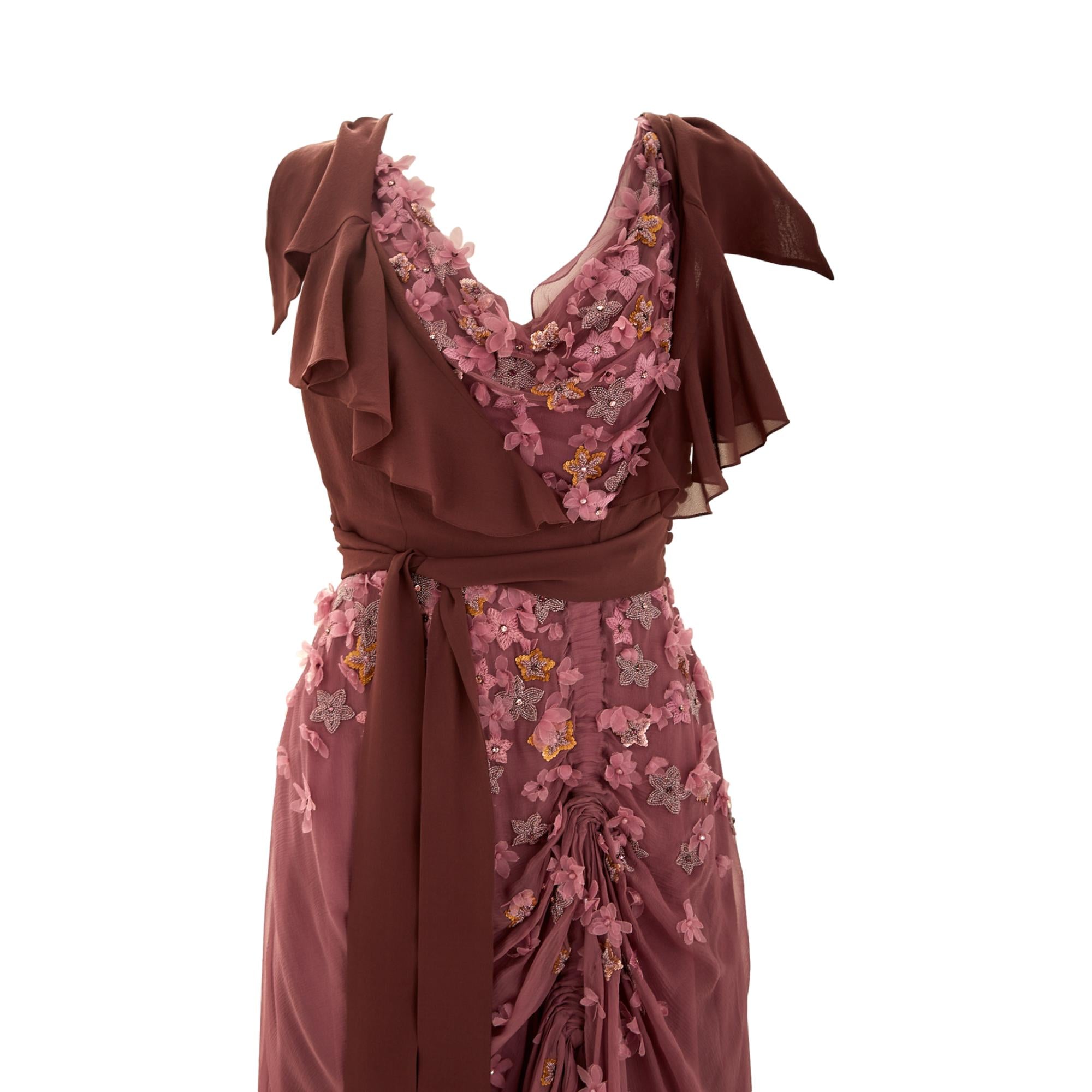 Dior Mauve Floral Appliqué Chiffon Evening Gown