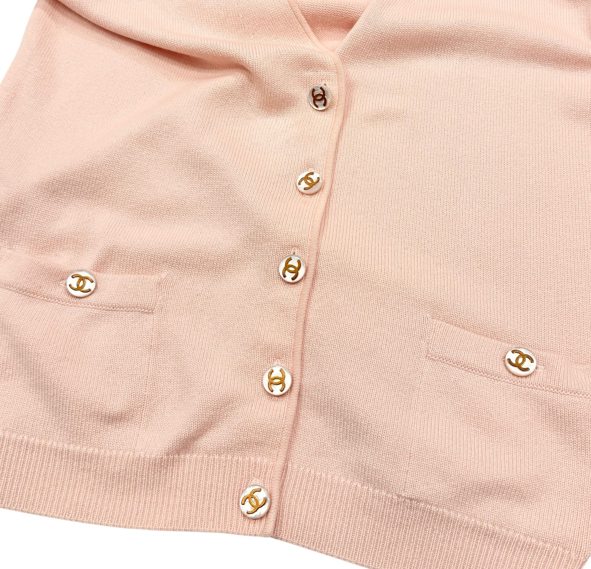 Chanel Pink Logo Button Cardigan