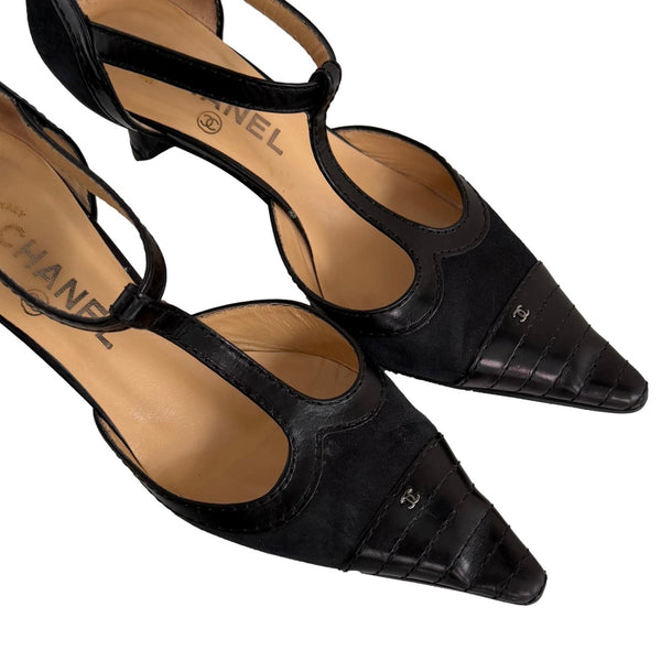 Chanel Black Logo T-Strap Heels