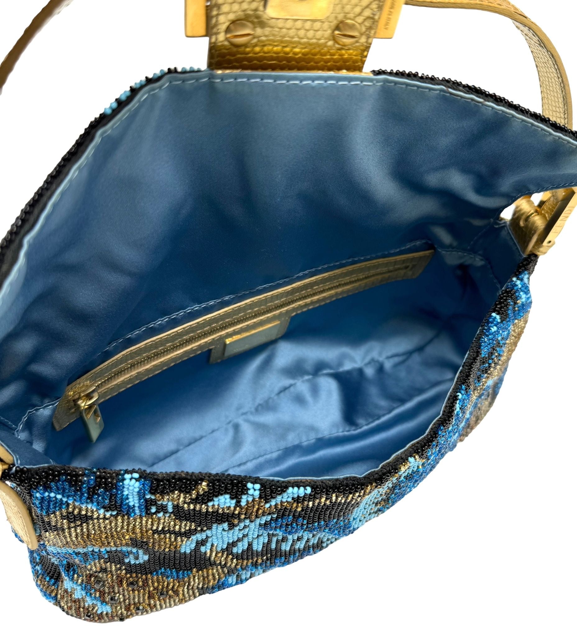 Fendi Blue Multicolor Turtle Beaded Baguette Bag