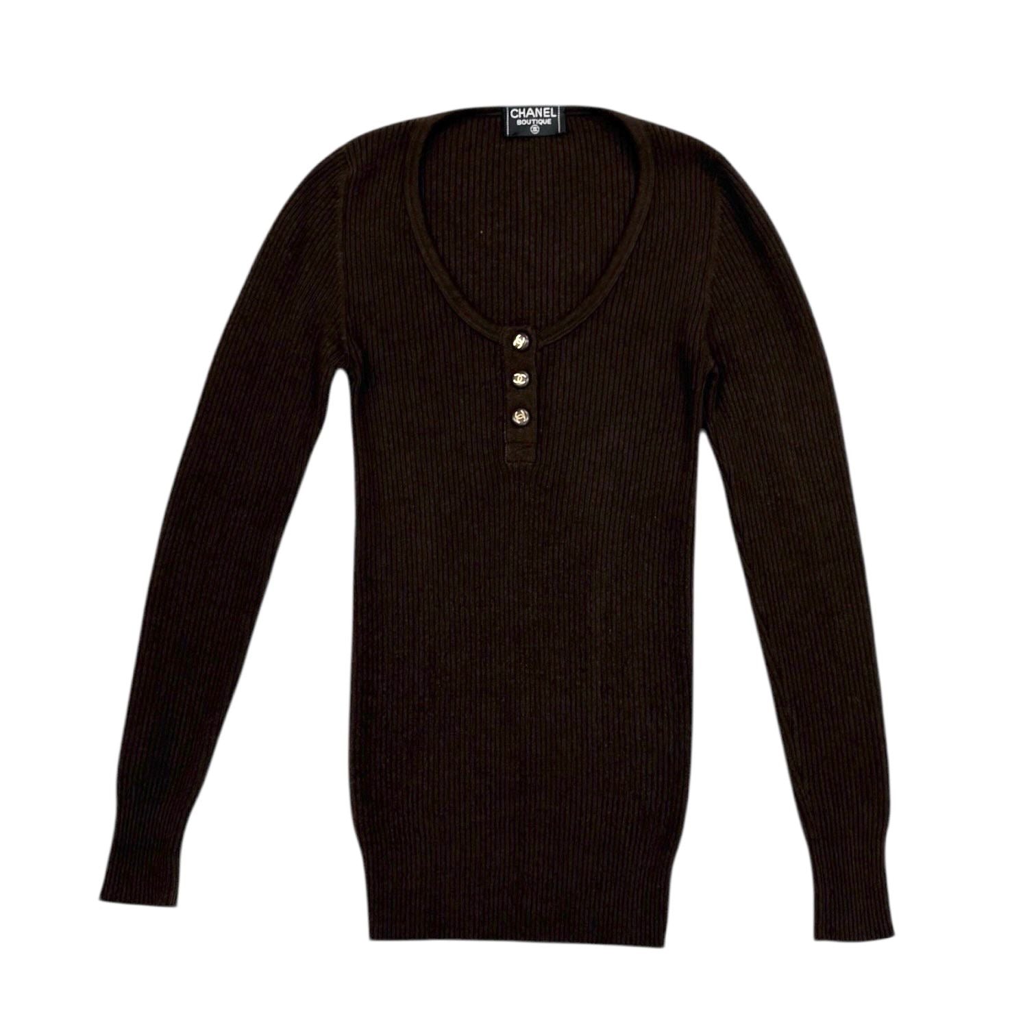 Chanel Brown Ribbed Logo Button Sweater